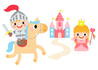 Fantasy knight princess and dragon . prince on horseback holding sword fights with dragon.