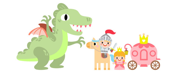 Fantasy knight princess and dragon . prince on horseback holding sword fights with dragon. © Noey smiley