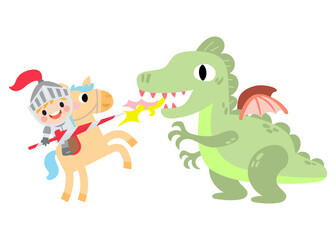 Fantasy knight princess and dragon . prince on horseback holding sword fights with dragon.