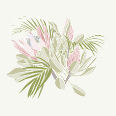 Flower frame with protea, simple colored flowers, palm leaves, style isolated on white background. Template for invitation card. Square composition. 