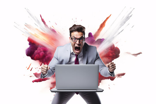 Frustrated man with laptop and colorful explosion