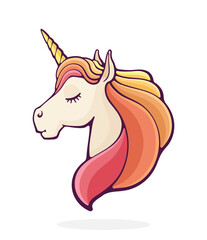 Fairy tale sleeping unicorn. Magic horse with horn. Vector illustration. Hand drawn cartoon clip art with outline. Isolated on white background