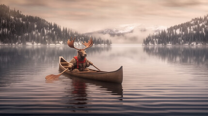 Photograph of a reindeer paddling  canoe in a lake amidst nature.
