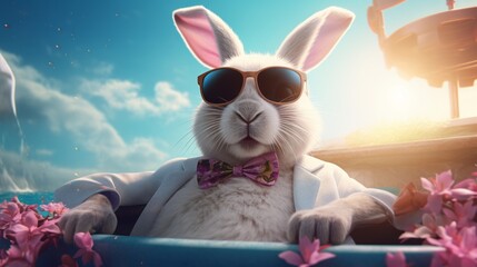 Adorable white rabbit lounging in sunglasses, relaxing in a hot tub oasis