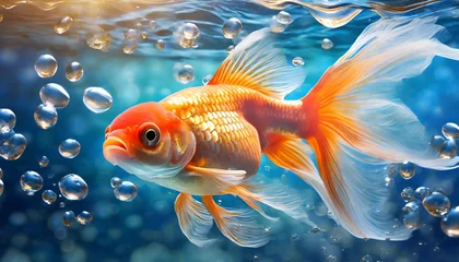 Fotobehang 水中を優雅に泳ぐ金魚 © ベルベットR