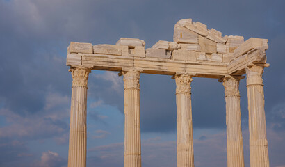 Fototapeta premium travel to ancient city of Side, Antalya coast of Turkey in tourist low season. Ruins of the Temple of Apollo in Side