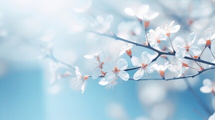Tranquil spring scene: soft pastel background with blue and beige hues, delicate flowering plant in focus, macro shot of ant on branch