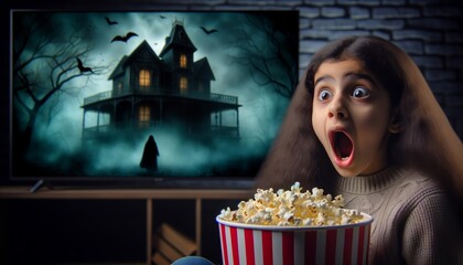 girl screams in fear from a horror movie