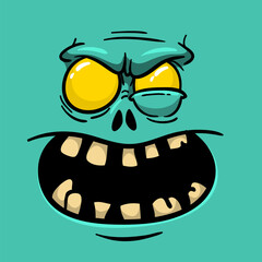 Cartoon funny green zombie character design with scary face expression. Halloween vector. Great for package design or party decoration