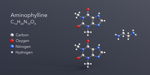 aminophylline molecule 3d rendering, flat molecular structure with chemical formula and atoms color coding