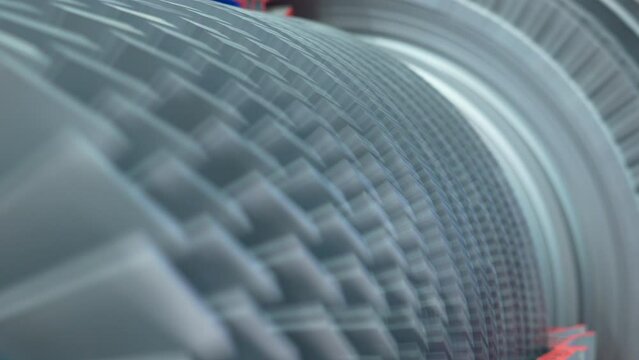 Turbine blades is rotating and stopping. Close up. Turbine insides