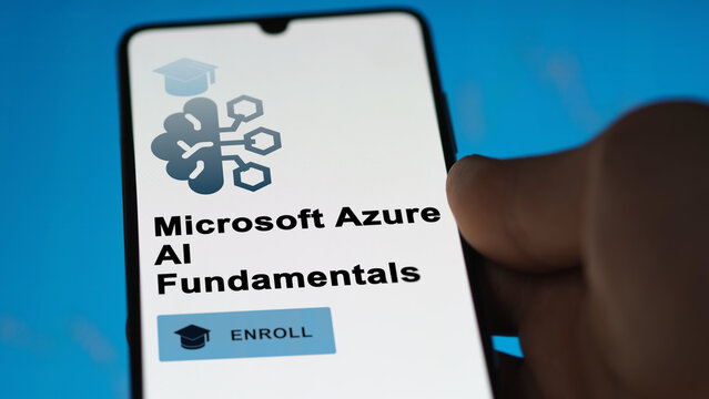 Microsoft Azure AI Fundamentals program on a phone, upskilling certification by e-learning