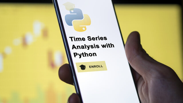 January 03th 2024. Student enrolls to Time Series Analysis with Python program on a phone, upskilling certification by e-learning