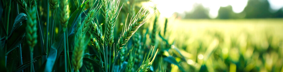Macro close up of fresh ears of young green wheat in spring field. Agriculture scene. AI generated. - Powered by Adobe
