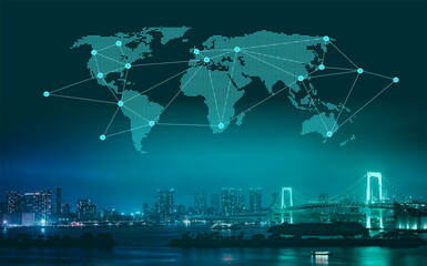 Fototapeta na wymiar Trade and Commerce - World Map Over New York at Night