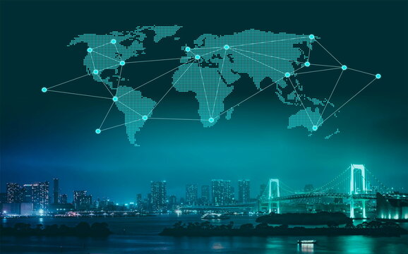 Trade and Commerce - World Map Over New York at Night