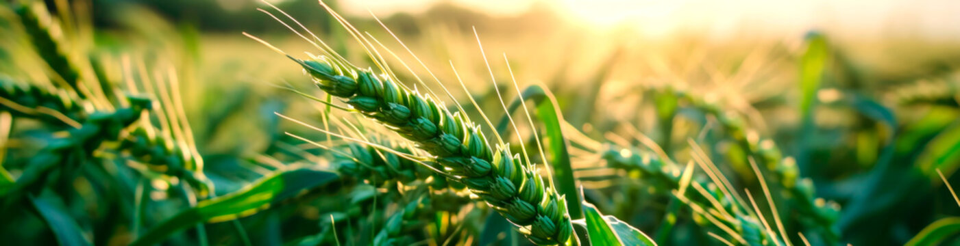 Macro close up of fresh ears of young green wheat in spring field. Agriculture scene. AI generated.