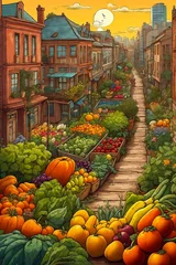 Foto op Canvas Illustration of City Marketplace Filled with a Variety of Vegetables and Fruits. Sustainable Urban Gardening. Organic BIO Food. City Market. © Radovan