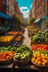 Illustration of City Marketplace Filled with a Variety of Vegetables and Fruits. Sustainable Urban Gardening. Organic BIO Food. City Market.
