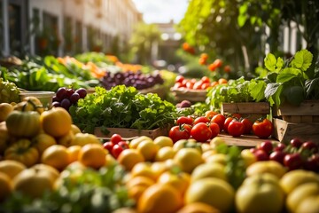 City Marketplace Filled with a Variety of Vegetables and Fruits. Sustainable Urban Gardening. Organic BIO Food. City Market.