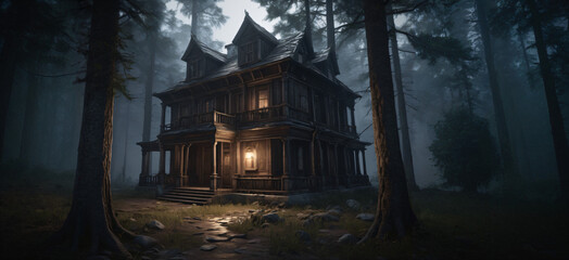 Cabin in the Woods, Cosy wooden cabin with fireplace and windows, surrounded by green trees and flowers. The cabin looks warm and inviting,Generative AI