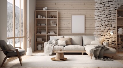 Scandinavian farmhouse living room interior, wall mockup, 3d render