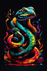 Colorful Abstract Paper Silhouette Design of a Snake Logo. Splash Color Snake.  Vector Art, Cute and Quirky Digital Painting, Retro Aesthetic.