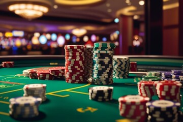 Interior of a Large Modern Casino. Casino Gambling. Table Full of Gambling Chips. Casino Gambling.