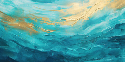 Oil painting with Abstract waves in turquoise and gold color, texture colorful banner background - obrazy, fototapety, plakaty