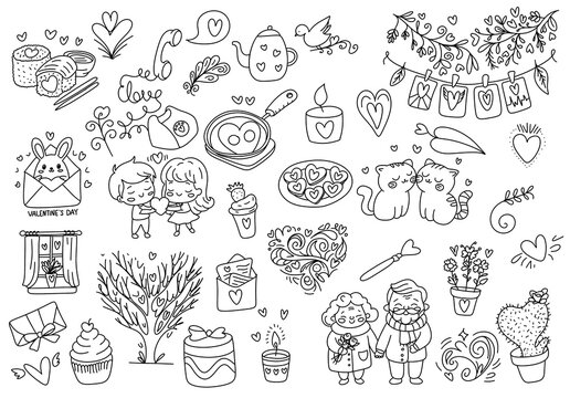 Set of hand drawn doodles for Valentine's Day, cute