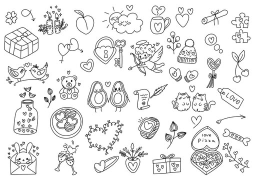 Set of hand drawn doodles for Valentine's Day, cute