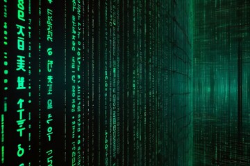 Digital Matrix Binary Code and Symbols Streaming Down Background. Digital Cyber Code Abstract Background. Digital Woman AI.