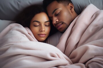 Good quality productive sleep is a concept. Generated by AI. African couple in love sleeps lying in a warm cozy bed hug each other, dreams and recovers strength and energy. - Powered by Adobe