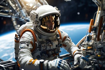 Obraz premium Astronaut at Spacewalk. Astronaut Working Outside on a Space Station near the Planet.