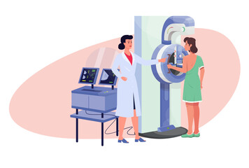 Mammography machine. Breast screening for tumor and cancel cells. Scan on medical equipment. Patient and doctor. Mammogramm. Vector illustration.