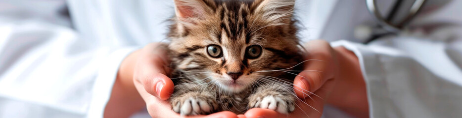 The veterinarian carefully holds a small kitten in his hands. AI generated.