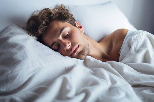 Good quality productive sleep is a concept. Generated by AI. A young man sleeps lying in a warm cozy bed, dreams and recovers strength and energy. White bed linen.