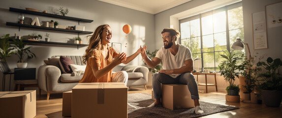 Obraz premium Relaxing in new house. Cheerful young couple sitting on the floor while cardboard boxes laying all around them