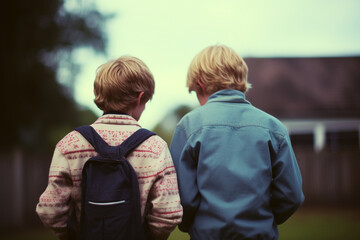 Friendship concept. Retro vintage image of two friends, children standing back to camera and looking to landscape background. Old camera film image style