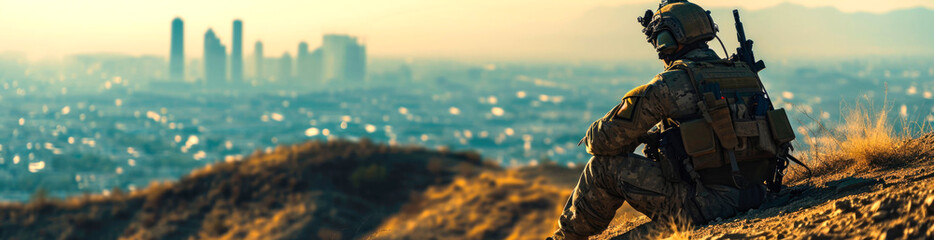 A soldier looks at the city from a high vantage point. AI generated. - obrazy, fototapety, plakaty
