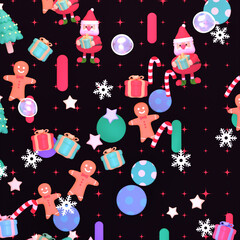 3d rendered cartoon Santa Claus, gingerbread man, and various Christmas ornaments pattern.