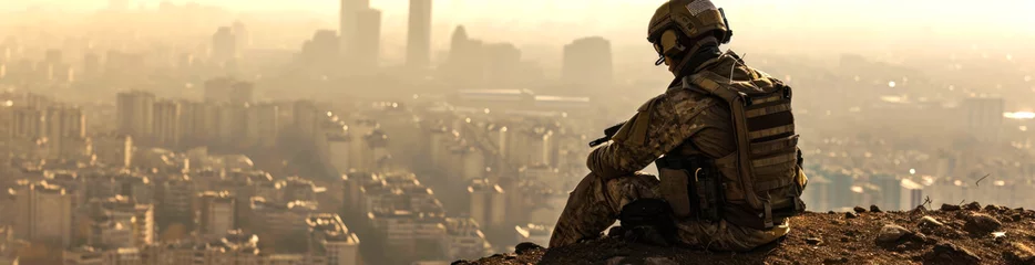 Deurstickers A soldier looks at the city from a high vantage point. AI generated. © millenius
