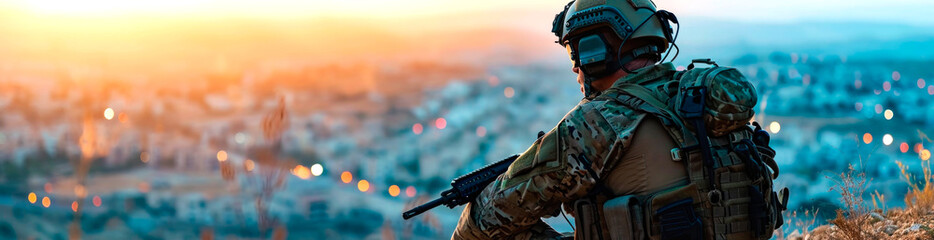A soldier looks at the city from a high vantage point. AI generated.