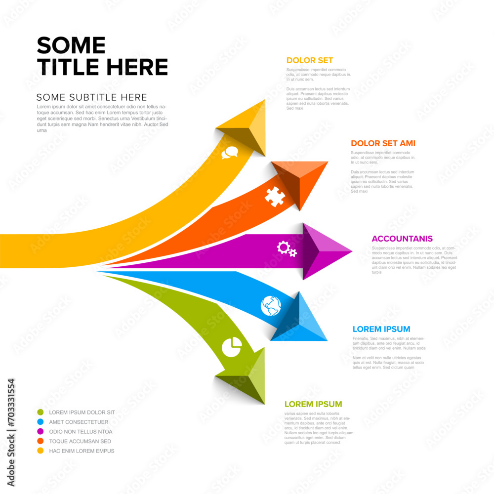 Poster simple infographic with title and five arrows pointing on element option items