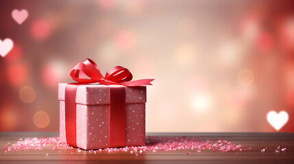 Pink gift box with pink bow in interior on the background of bokeh effect.