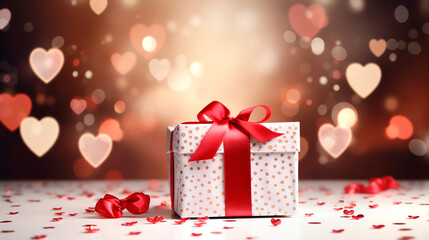 Gift box with red bow in interior on the background of bokeh effect.