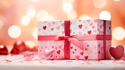 Pink gift box with pink bow in interior on the background of bokeh effect.