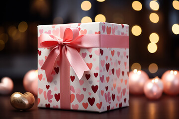 Gift box with hearts and pink bow on the background of bokeh effect.