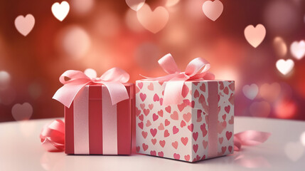 Gift boxes with pink bows and hearts on the background of bokeh effect.