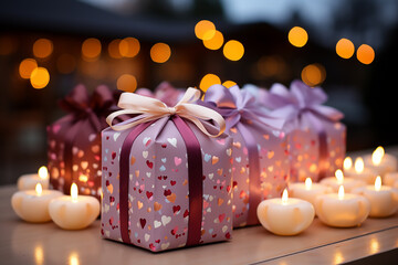 Gift boxes with bow and candles on the background of bokeh effect.